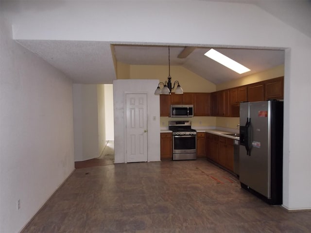 6107 Brookfall Dr, Arlington, TX 76018 - kitchen with appliances with stainless steel finishes, vaulted ceiling, light countertops, a chandelier, and decorative light fixtures