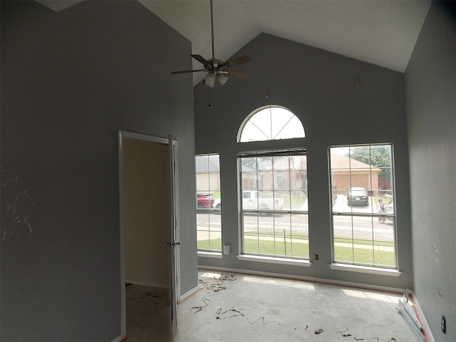 6107 Brookfall Dr, Arlington, TX 76018 - unfurnished room featuring plenty of natural light, high vaulted ceiling, ceiling fan, and baseboards