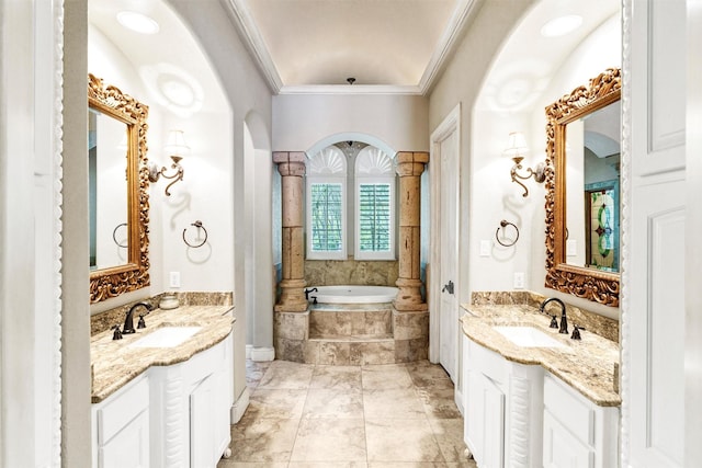 620 Timber Creek Cir, Stephenville, TX 76401 - full bathroom with crown molding, a garden tub, and two vanities
