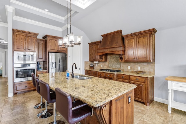 3102 White Horse Ct, Granbury, TX 76049 - kitchen featuring stainless steel appliances, a sink, custom range hood, tasteful backsplash, and light stone countertops
