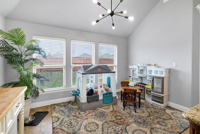 3102 White Horse Ct, Granbury, TX 76049 - rec room with vaulted ceiling, plenty of natural light, a chandelier, and baseboards