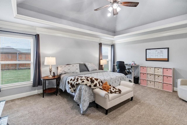 3102 White Horse Ct, Granbury, TX 76049 - carpeted bedroom with a tray ceiling, baseboards, ornamental molding, and a ceiling fan