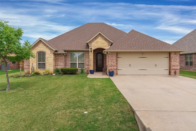 3102 White Horse Ct, Granbury, TX 76049 - french country home featuring concrete driveway, a garage, brick siding, roof with shingles, and a front yard