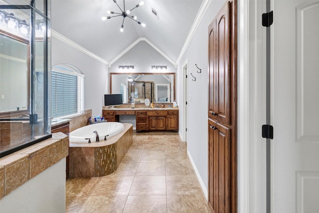 3102 White Horse Ct, Granbury, TX 76049 - full bathroom with crown molding, a bath, vaulted ceiling, a chandelier, and vanity