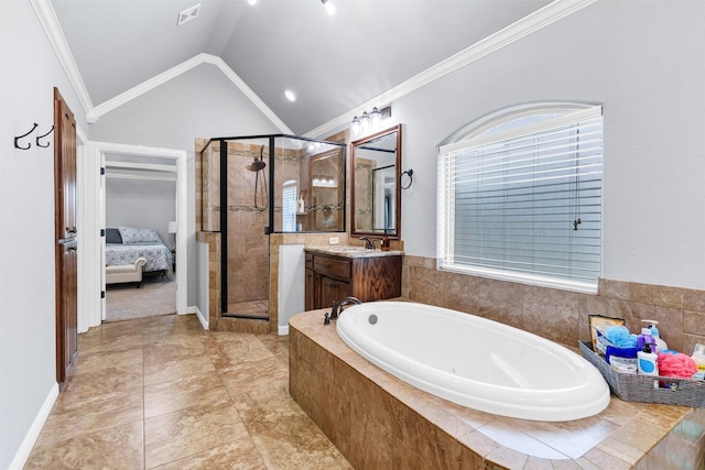 3102 White Horse Ct, Granbury, TX 76049 - bathroom with a shower stall, ornamental molding, a bath, vaulted ceiling, and vanity