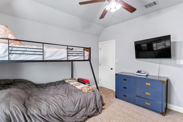 3102 White Horse Ct, Granbury, TX 76049 - bedroom featuring light carpet, vaulted ceiling, baseboards, and ceiling fan