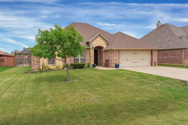 3102 White Horse Ct, Granbury, TX 76049 - french country inspired facade featuring brick siding, concrete driveway, an attached garage, roof with shingles, and a chimney