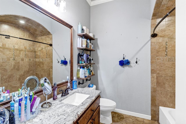 3102 White Horse Ct, Granbury, TX 76049 - bathroom with toilet, ornamental molding, vanity, and baseboards