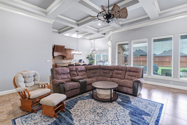 3102 White Horse Ct, Granbury, TX 76049 - living room with a chandelier, coffered ceiling, a ceiling fan, beam ceiling, and light tile patterned floors