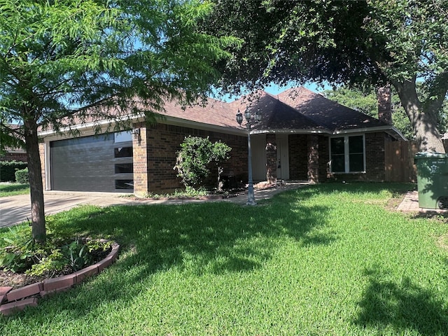 4107 Crossgate Ct, Arlington, TX 76016 - ranch-style house featuring brick siding, a garage, concrete driveway, roof with shingles, and a chimney