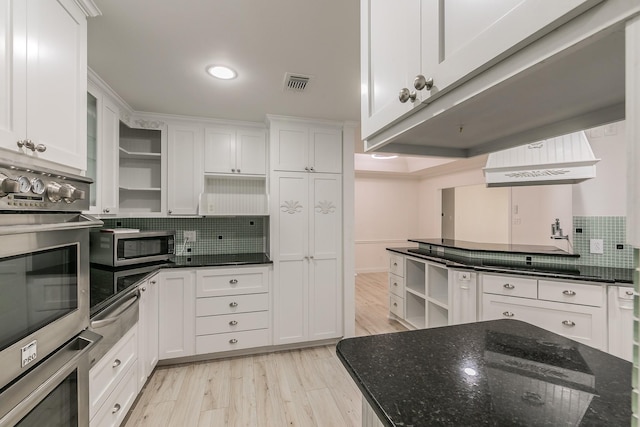 4107 Crossgate Ct, Arlington, TX 76016 - kitchen featuring open shelves, decorative backsplash, white cabinetry, and recessed lighting