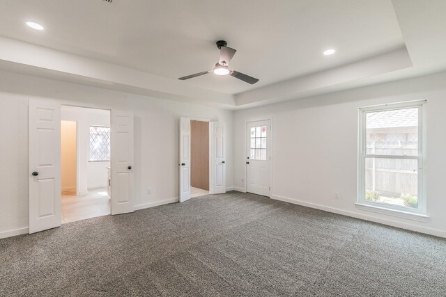 4107 Crossgate Ct, Arlington, TX 76016 - carpeted spare room with ceiling fan, baseboards, a raised ceiling, and recessed lighting