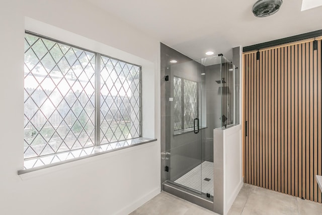 4107 Crossgate Ct, Arlington, TX 76016 - bathroom with plenty of natural light, a shower stall, baseboards, tile patterned floors, and recessed lighting