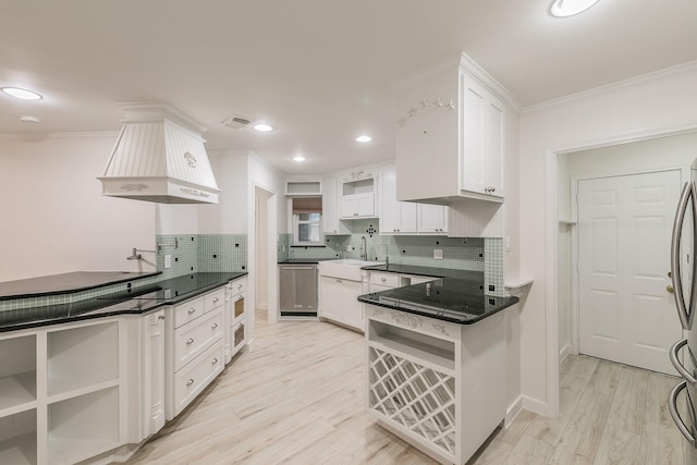 4107 Crossgate Ct, Arlington, TX 76016 - kitchen with open shelves, custom range hood, dishwasher, a sink, and white cabinets