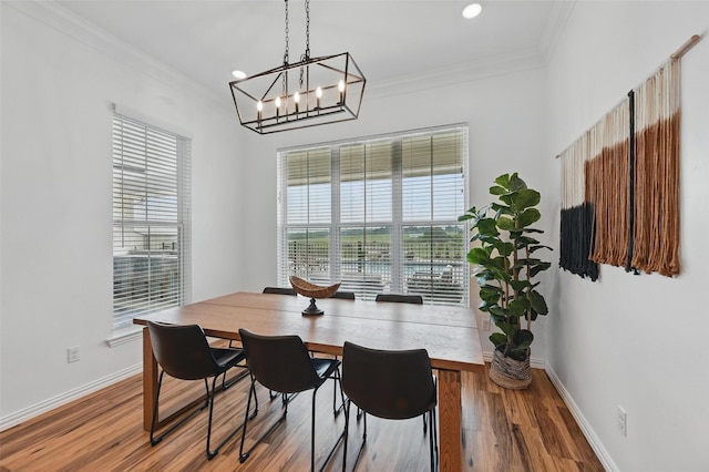 917 County Road 914, Burleson, TX 76028 - dining space featuring baseboards, a chandelier, ornamental molding, wood finished floors, and recessed lighting