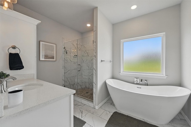 917 County Road 914, Burleson, TX 76028 - full bathroom with marble look tile flooring, a freestanding tub, recessed lighting, a stall shower, and vanity