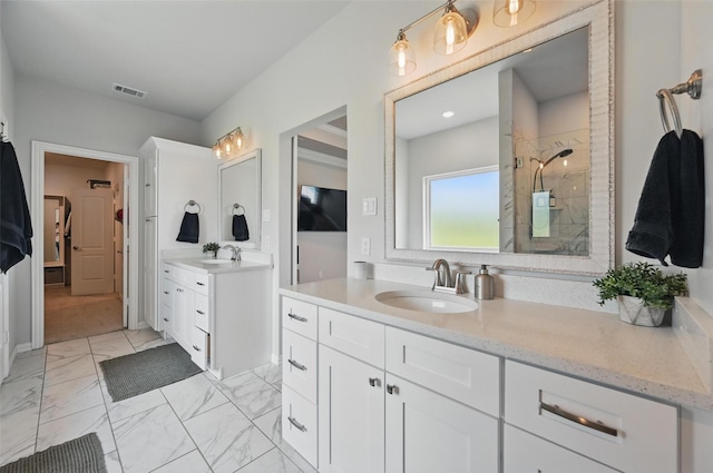 917 County Road 914, Burleson, TX 76028 - full bath featuring a stall shower, marble finish floors, and two vanities