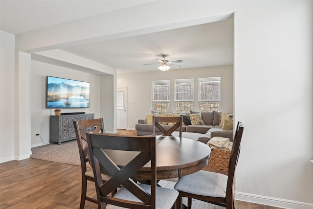 3454 Eloise Ln, Krum, TX 76249 - dining room featuring dark wood-style floors, a ceiling fan, and baseboards