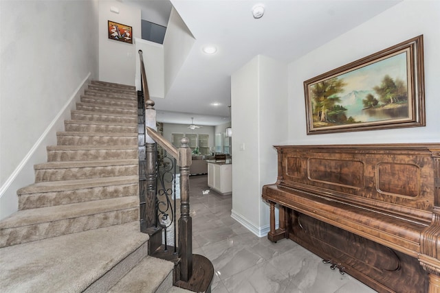 8109 Brahmin Ct, Fort Worth, TX 76131 - staircase featuring marble look tile flooring, recessed lighting, and baseboards
