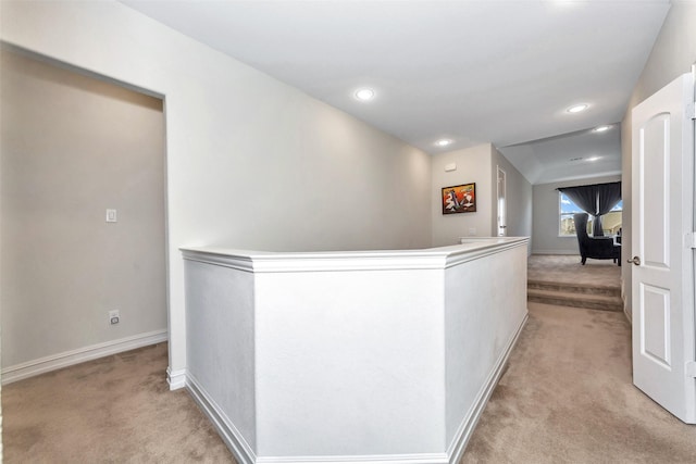 8109 Brahmin Ct, Fort Worth, TX 76131 - corridor featuring light carpet, baseboards, recessed lighting, and an upstairs landing
