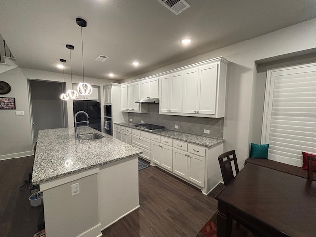 3121 Althea St, Mckinney, TX 75071 - kitchen with a sink, dark wood-style flooring, white cabinets, backsplash, and light stone counters
