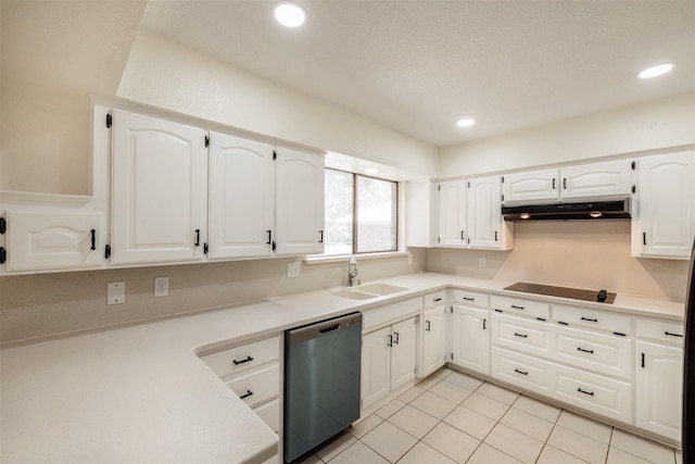 kitchen featuring stainless steel dishwasher, under cabinet range hood, a sink, black electric stovetop, and white cabinetry