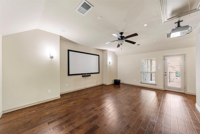 7941 Parkwood Blvd, Plano, TX 75024 - home theater room with vaulted ceiling, hardwood / wood-style floors, ceiling fan, and baseboards