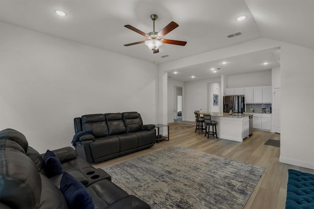716 Newberry Ln, Royse City, TX 75189 - living room with a ceiling fan, light wood finished floors, recessed lighting, vaulted ceiling, and baseboards