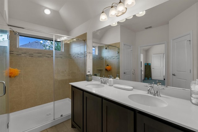 716 Newberry Ln, Royse City, TX 75189 - full bathroom featuring a shower stall, double vanity, and tile patterned floors