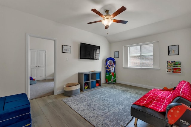 716 Newberry Ln, Royse City, TX 75189 - living area featuring a ceiling fan, wood finished floors, baseboards, and lofted ceiling