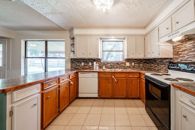 3226 Whitewing Way, Abilene, TX 79606 - kitchen featuring dishwasher, electric stove, under cabinet range hood, a peninsula, and a sink