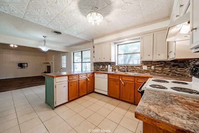 3226 Whitewing Way, Abilene, TX 79606 - kitchen featuring white dishwasher, a peninsula, backsplash, range with electric stovetop, and under cabinet range hood