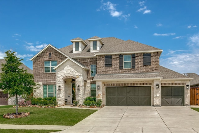 1801 Wichita Dr, Prosper, TX 75078 - view of front of property with stone siding, a front yard, concrete driveway, and a shingled roof