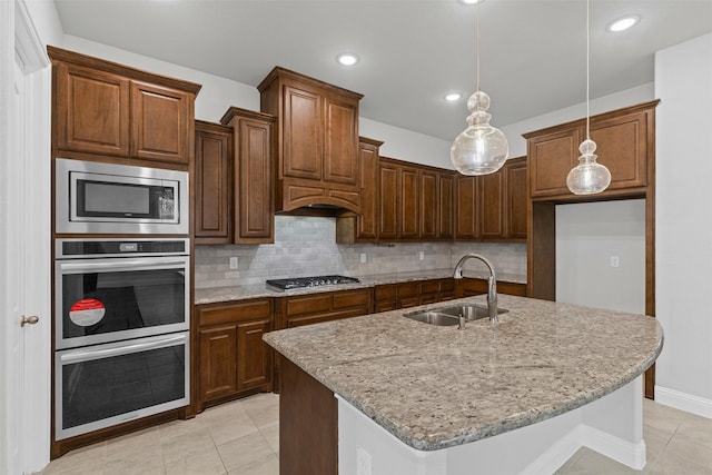 14824 Belclaire Ave, Aledo, TX 76008 - kitchen with a sink, stainless steel appliances, decorative backsplash, light tile patterned floors, and recessed lighting