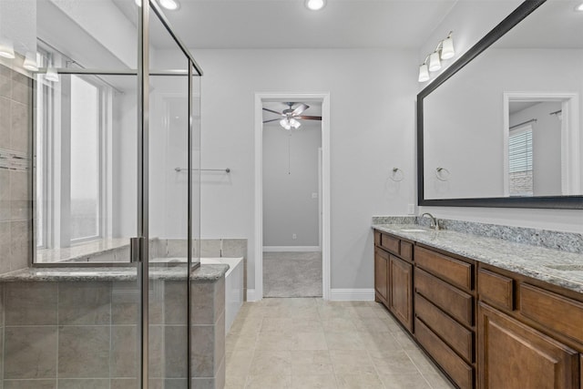 14824 Belclaire Ave, Aledo, TX 76008 - bathroom featuring vanity, a shower stall, a ceiling fan, recessed lighting, and tile patterned flooring