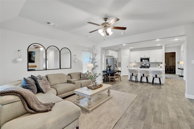 3708 Bennett Trl, Celina, TX 75009 - living area featuring a ceiling fan, light wood-style floors, baseboards, and recessed lighting