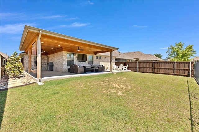 3708 Bennett Trl, Celina, TX 75009 - rear view of property featuring an outdoor hangout area, a patio area, brick siding, and ceiling fan