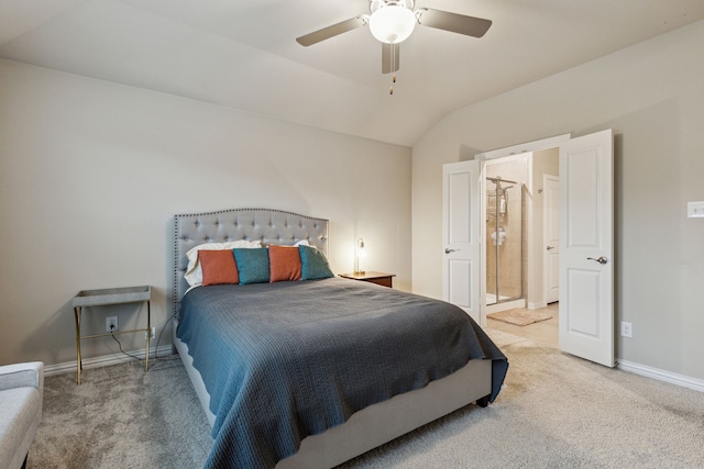 263 Hawthorn Dr, Lavon, TX 75166 - carpeted bedroom featuring baseboards, lofted ceiling, ceiling fan, and ensuite bathroom