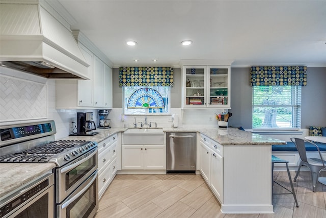 1835 Hatherly Dr, Plano, TX 75023 - kitchen with custom range hood, appliances with stainless steel finishes, a peninsula, a sink, and ornamental molding
