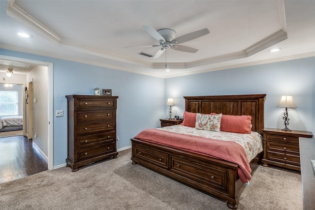 1835 Hatherly Dr, Plano, TX 75023 - carpeted bedroom with a tray ceiling, crown molding, attic access, baseboards, and ceiling fan