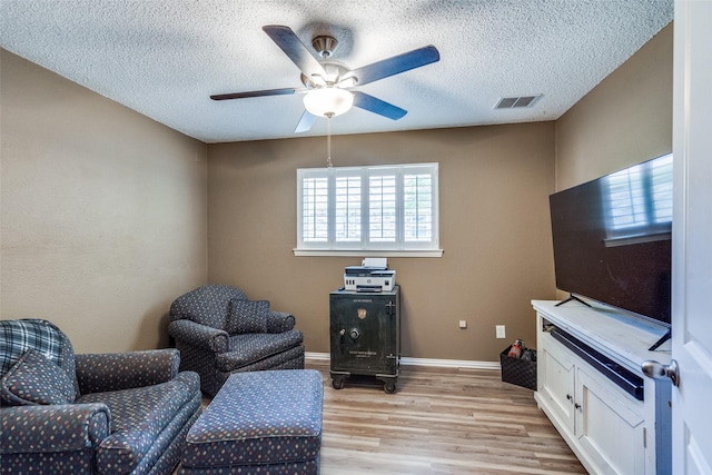 1835 Hatherly Dr, Plano, TX 75023 - sitting room with ceiling fan, light wood-style flooring, a textured ceiling, and baseboards