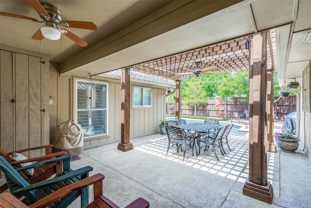 1835 Hatherly Dr, Plano, TX 75023 - view of patio / terrace with a ceiling fan, a pergola, outdoor dining area, and fence