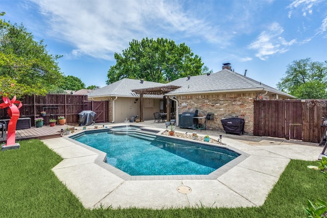 1835 Hatherly Dr, Plano, TX 75023 - view of pool featuring a jacuzzi, a pergola, a patio, and a wooden deck
