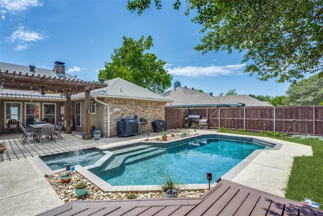 1835 Hatherly Dr, Plano, TX 75023 - view of swimming pool with a pergola, a fenced backyard, a patio area, a pool with connected hot tub, and grilling area