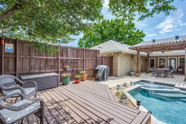 1835 Hatherly Dr, Plano, TX 75023 - view of pool with fence, a pergola, a pool with connected hot tub, area for grilling, and a ceiling fan
