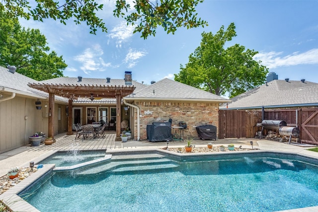 1835 Hatherly Dr, Plano, TX 75023 - view of swimming pool with fence, area for grilling, a patio, ceiling fan, and a pool with connected hot tub