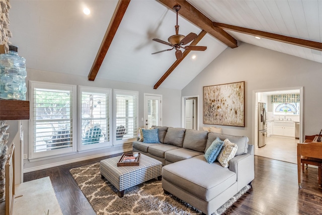 1835 Hatherly Dr, Plano, TX 75023 - living room with ceiling fan, beamed ceiling, dark wood-type flooring, recessed lighting, and high vaulted ceiling