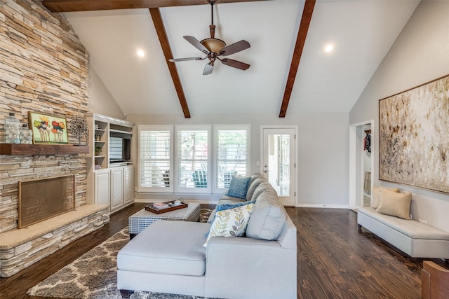 1835 Hatherly Dr, Plano, TX 75023 - living area featuring a ceiling fan, wood finished floors, beamed ceiling, a fireplace, and high vaulted ceiling