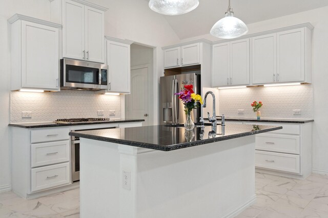 1309 Haybale Ln, Garland, TX 75042 - kitchen featuring stainless steel appliances, light marble finish flooring, a sink, and dark countertops