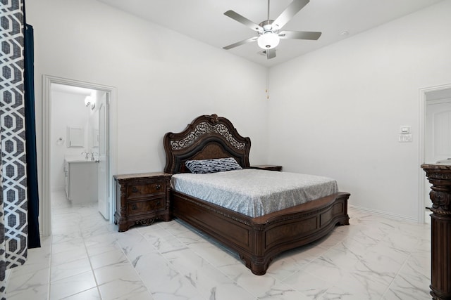 1309 Haybale Ln, Garland, TX 75042 - bedroom featuring light marble finish floors, ensuite bath, ceiling fan, a towering ceiling, and baseboards